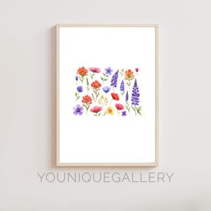 Art mural imprimable carte florale du Wyoming, affiche impression aquarelle pinceau indien, téléchargement numérique égalité État déco WY cadeau maison