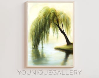 Serene Willow Tree Printable Art, Nature Painting Digital Download, Tree Beside Water Wall Decor