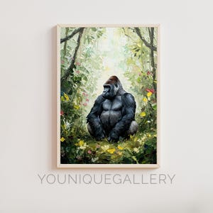 Gorilla in Jungle Impasto Painting Printable, Powerful Animal Wall Art, Wildlife Digital Download, Forest Nature Decor Poster