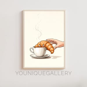 Nervous Croissant Hiding in Coffee Cup - Funny Breakfast Art - Kitchen Wall Decor - Coffee Shop Print - French Bakery Art