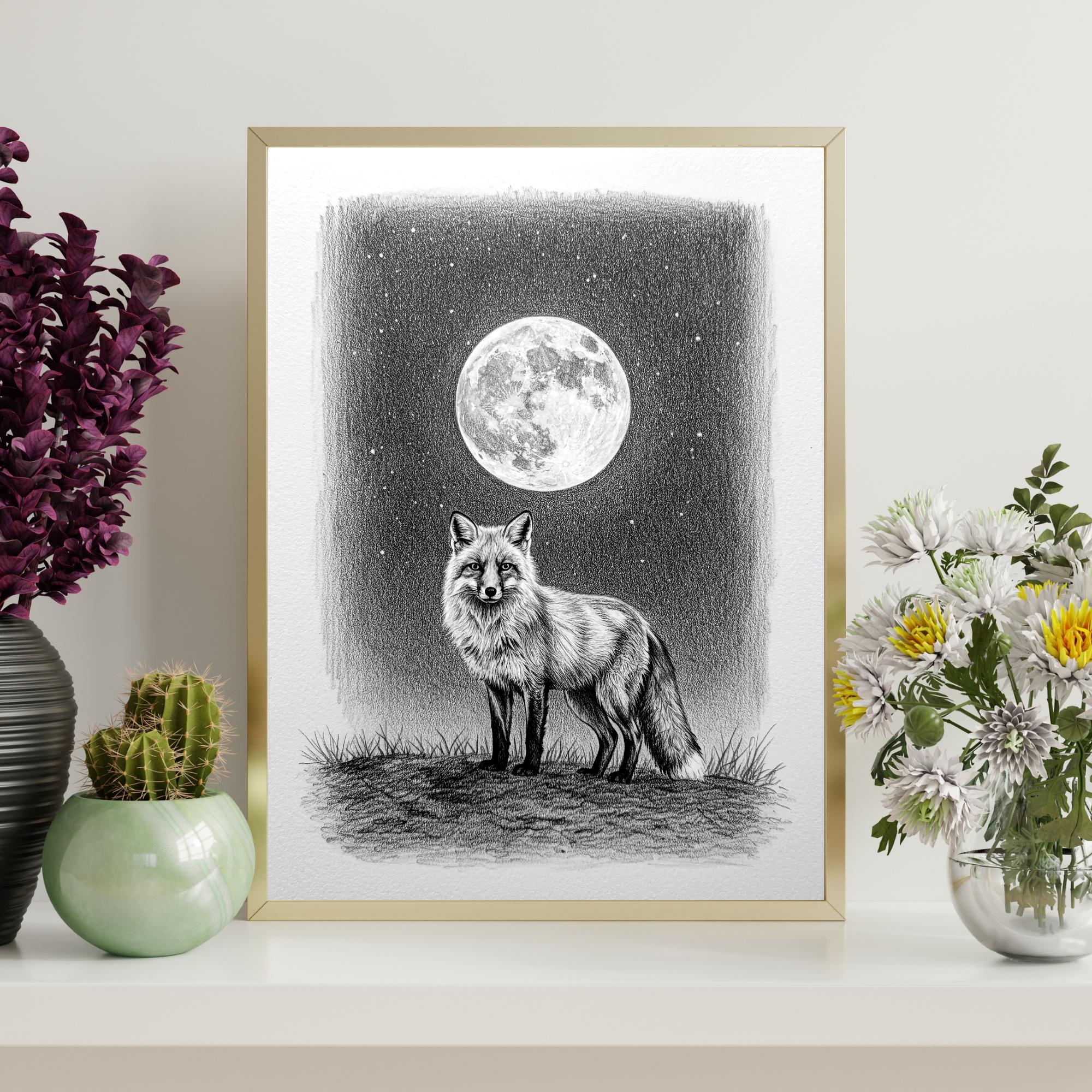 Moon Fox Pencil Sketch Print: Mystical Bedroom Wall Art (digital