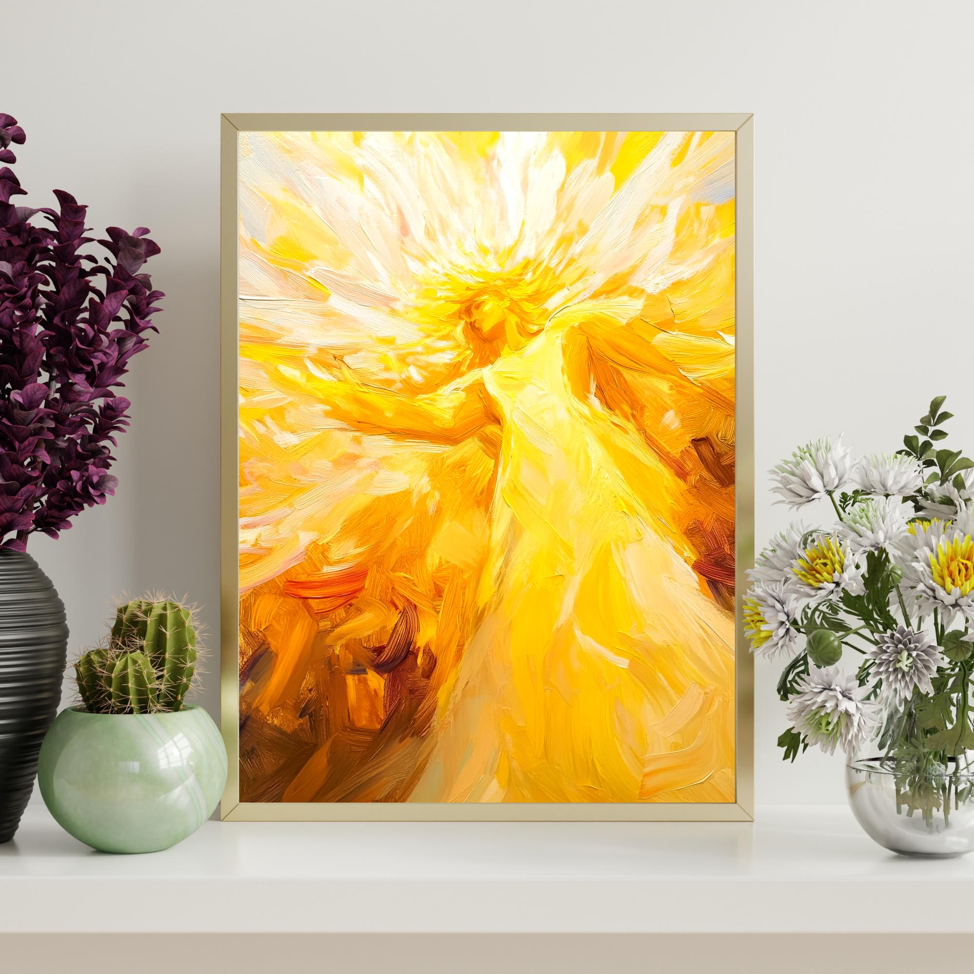 太陽神(Sun god) 油絵 Helios Sun God Art Print: Golden Abstract Painting (digital