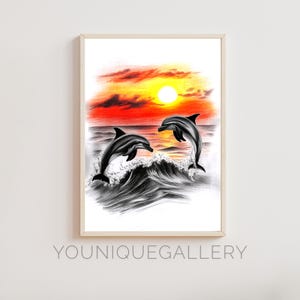 Delfine Sonnenuntergang Bleistift Skizze Kunst, Wand Dekor, digitaler Download Poster, lebendige Küsten Dekor