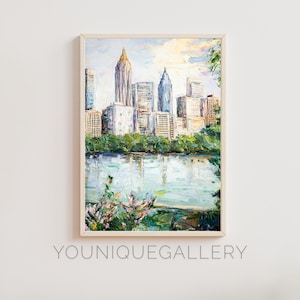 May include: A painting of a cityscape with tall buildings and a river in the foreground. The buildings are painted in a variety of colors, including blue, green, and white. The river is painted in a light blue color and reflects the buildings. The painting is done in a loose, impressionistic style.
