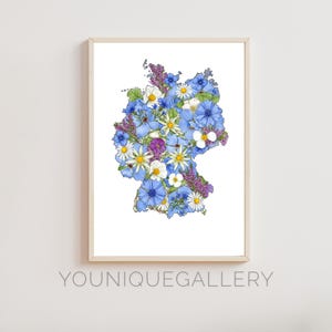 Aquarell Deutschland Karte, Kornblume, Edelweiß, Blumen Kunst, blau weiße Landkarte Deutschland, Geschenk zum Download