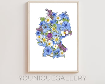 Impresión artística floral del mapa de Alemania en acuarela (descarga digital)
