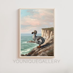 Dipinto stampabile raffigurante un dodo sulla scogliera, decorazione murale di un animale estinto, vista sull'oceano, download digitale, poster di fauna selvatica, decorazione naturalistica