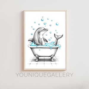 Funny Dolphin Bathtub PRINTABLE, Whimsical Bathroom Wall Art, Humorous Animal Print, Digital Download Marine Life Decor
