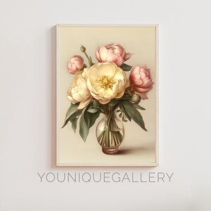 Vintage Peony Bouquet Printable Wall Art, Elegant Floral Botanical Print, Aesthetic Flower Art, Digital Download, Home Decor, Romantic Decor