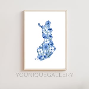 Impresión de pintura con el contorno del mapa de Finlandia, recuerdo de viaje de Suomi, decoración inspirada en la bandera escandinava, descarga imprimible nórdica