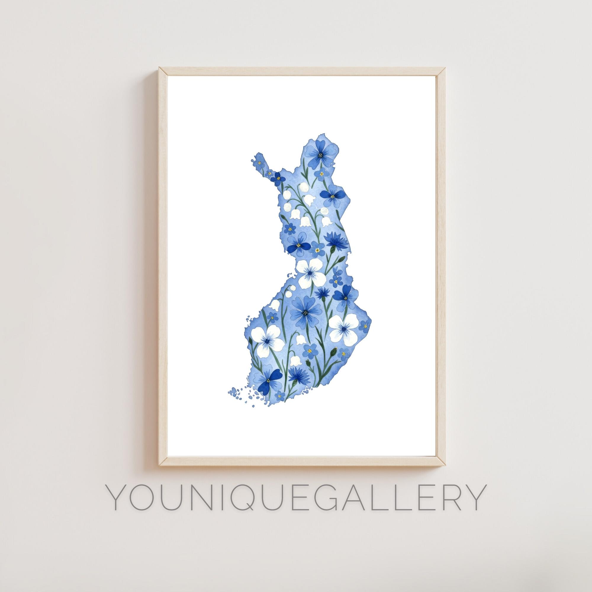 Finland Map Outline Painting Print, Suomi Travel Souvenir Wall Art, Scandinavian Flag Inspired Decor, Nordic Printable Download