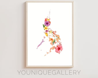 Philippines Floral Map Printable Painting, Watercolor Sampaguita Orchid Art, Filipino Decor Gift, Pinoy Digital Download