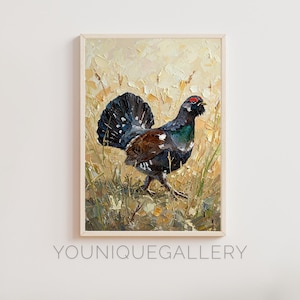 Pintura imprimible de empasto de urogallo, descarga digital de arte mural de vida silvestre, decoración rústica de animales del bosque, póster de aves de caza de tierras altas