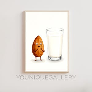 Mandorle e latte di mandorla divertenti da stampare, decorazioni murali vegane per la cucina, umorismo sul cibo da scaricare digitalmente, poster con simpatici cartoni animati, regalo a base vegetale