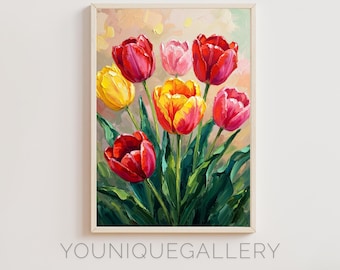 Pintura al óleo de tulipanes coloridos: Arte floral impresionista (Descarga digital)