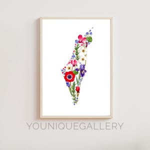 Carte florale d'Israël, peinture, impression d'Art fleurs sauvages botaniques, idée cadeau juif israélien, décoration pays Judaica en téléchargement numérique