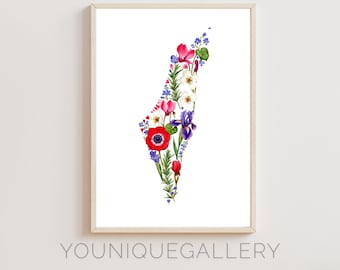 Israel Floral Map Outline Painting, Botanical Wildflowers Art Print, Israeli Jewish Gift Idea, Judaica Country Decor Digital Download