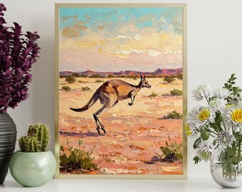 オーストラリアのカンガルーの絵画：アウトバックの夕焼け風景画