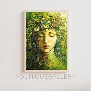 Gaia Erdgöttin Wand Kunst Druck, grüne Natur Malerei, Göttliche Mutter Poster, spirituelle Wald Dekor druckbare, friedliche Kunst