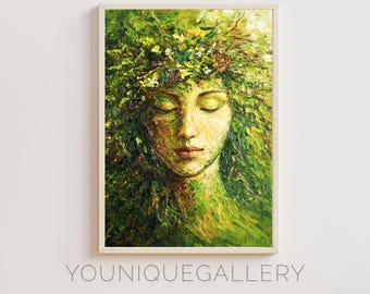Lámina artística de la Diosa Tierra Gaia: Pintura de naturaleza verde (Descarga digital)