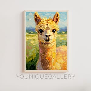 Alpaca Printable Painting, Cute Farm Animal Wall Art, Whimsical Country Digital Download, Bright Pastel Llama Poster, Happy Rustic Decor