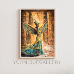 May include: A painting of a woman in a blue and gold dress with wings, standing in a temple with pillars. The woman is wearing a crown and has a golden halo around her head.