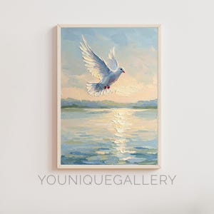 Download digitale di pittura ad impasto "White Dove", stampa artistica da parete con simbolo della pace, decorazione con paesaggio marino costiero, poster con uccelli testurizzati per soggiorno