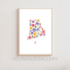 Art mural imprimable carte florale de Rhode Island, affiche impression aquarelle violette, téléchargement numérique Ocean State Decor RI cadeau maison côtière