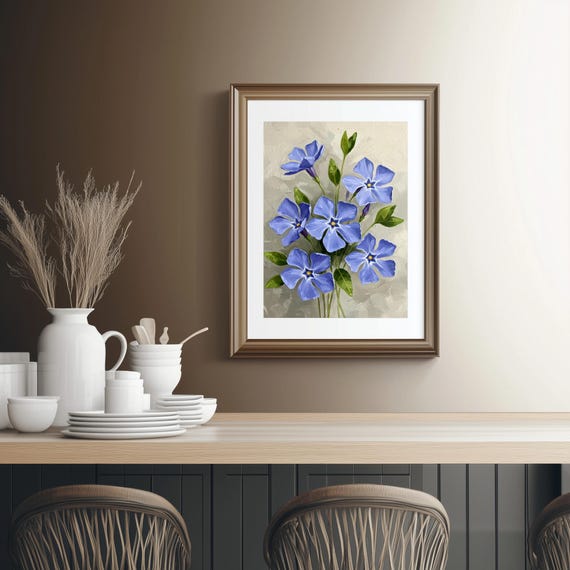 ツルニチニチソウの花の絵画：青い花のボタニカルアート（デジタル
