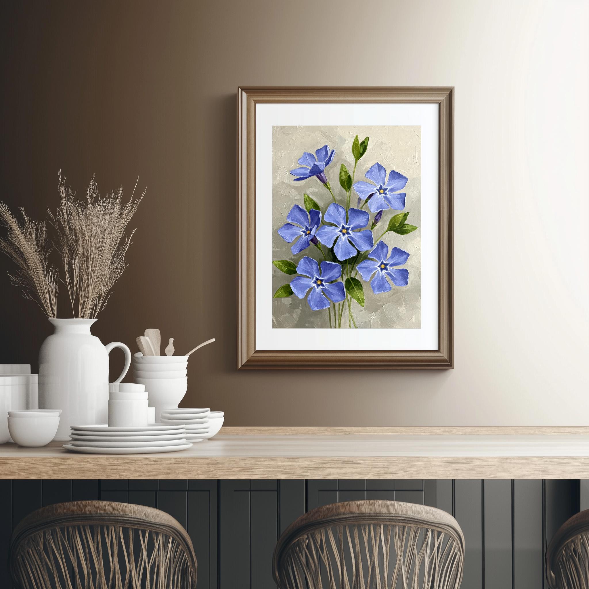 ツルニチニチソウの花の絵画：青い花のボタニカルアート（デジタル