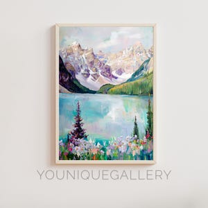 May include: A painting of a mountain lake scene with snow-capped mountains in the background, a turquoise lake in the foreground, and a small forest of evergreen trees in the middle ground. The lake is surrounded by wildflowers in shades of pink, purple, and white.