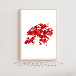 Hong Kong Map Outline Painting Style Print, HK Travel Souvenir Wall Art, Red White Floral Decor, Asia City Printable Download