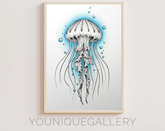 Impresión de acuarela de medusas: Arte costero del océano azul (Descarga instantánea)