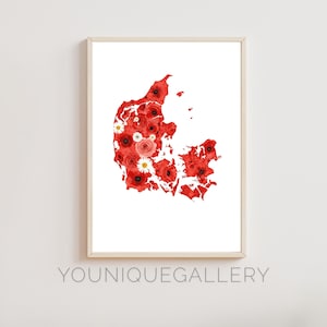 Dänemark Karte Umriss Malerei Druck, dänische Reise Souvenir Wandkunst, rot weiße Flagge inspiriertes Dekor, Skandinavien druckbare druckbare Download