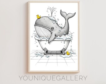 Whale in Bathtub Print: Playful Nursery Bathroom Decor (Digital Download)