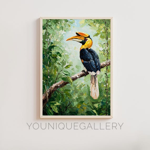 Hornbill Bird Art Print: Tropical Jungle Impasto Painting (digital