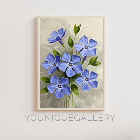 ツルニチニチソウの花の絵画：青い花のボタニカルアート（デジタル