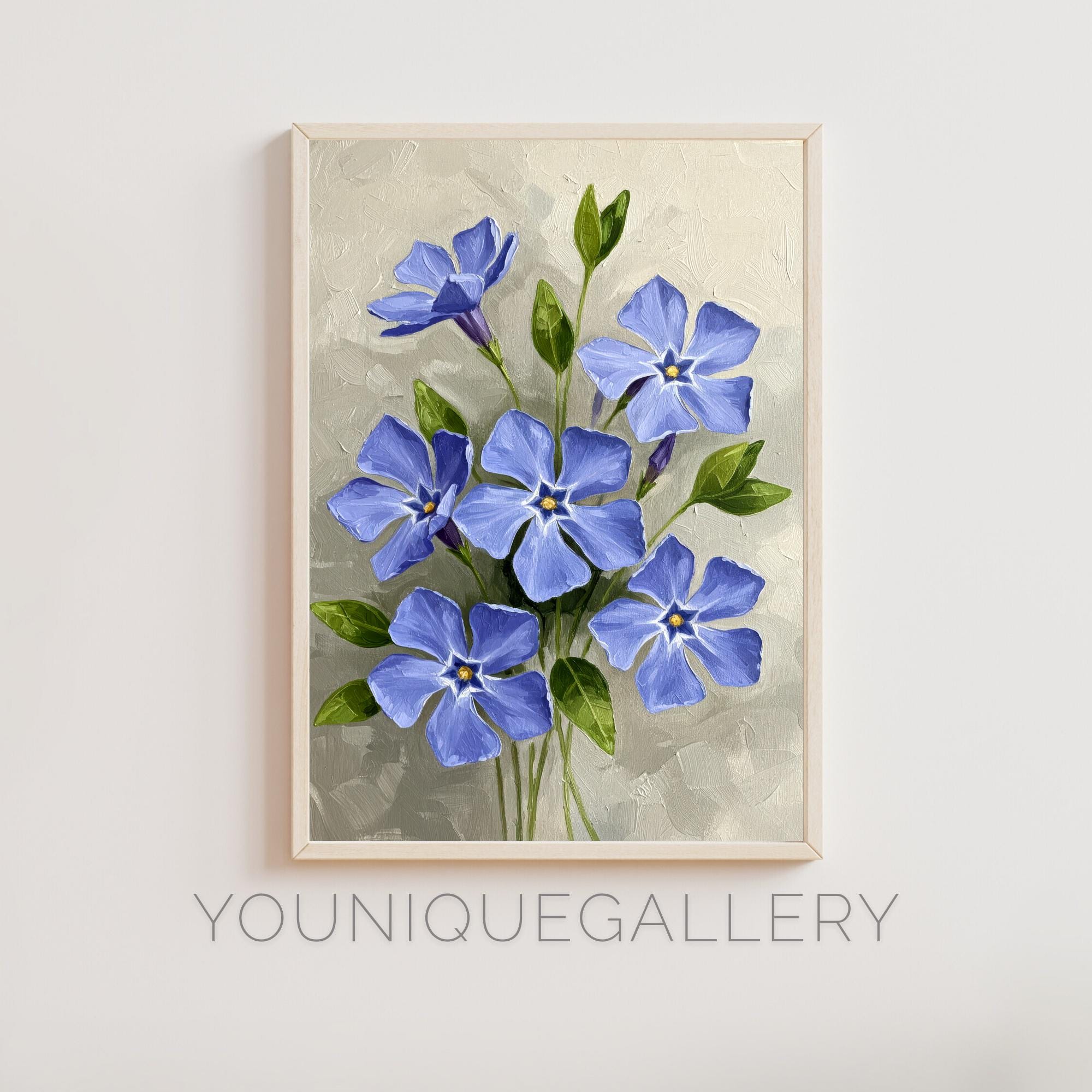 ツルニチニチソウの花の絵画：青い花のボタニカルアート（デジタル