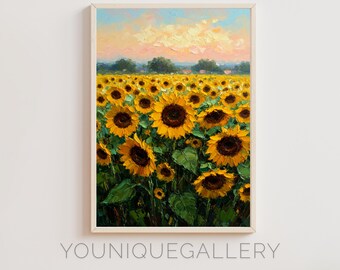 Sunflower Field Impressionist Landscape Painting: Rustic Farmhouse Decor (Digital Download)