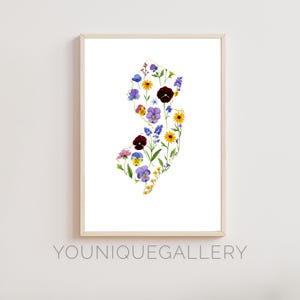 Art mural imprimable carte florale du New Jersey, affiche impression aquarelle violette, téléchargement numérique Garden State Home Decor New Jersey cadeau