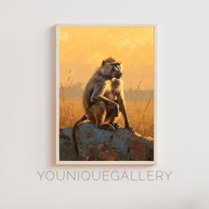 Peinture babouin : art animalier africain, impression safari au coucher du soleil (téléchargement numérique)