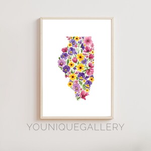 Art mural imprimable carte de l'Illinois, affiche florale aquarelle, téléchargement numérique fleur violette de l'État, décoration peinture, racines de fierté de ville natale