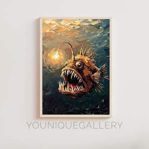 Anglerfisch Tiefsee druckbare Malerei, Horror Ozean Kreatur Wandkunst, Biolumineszierende digitaler Download, dunkle Wassermonster Poster