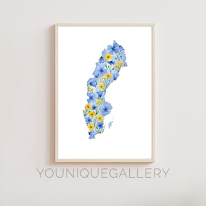 Mapa de Suecia con flores, pintura imprimible, colores de la bandera azul y amarilla, regalo de decoración escandinava sueca, descarga