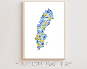Sweden Map Floral Art Print: Blue & Yellow Scandinavian Decor (Digital Download)