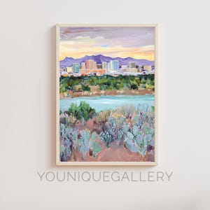 Albuquerque New Mexico Ölgemälde druckbare Wandkunst, Wüstenberg Print digitaler Download, südwestlichen Kaktus Poster modernes Dekor
