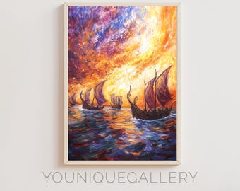 Impressão artística de pôr do sol em navios vikings: pintura nórdica de navio longo (download digital)
