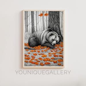 Schlafender Bär Herbst Printable | Digitaler Download Poster | Gemütliches Herbst Dekor | Waldtier Kunst | Beruhigendes Wohndekor