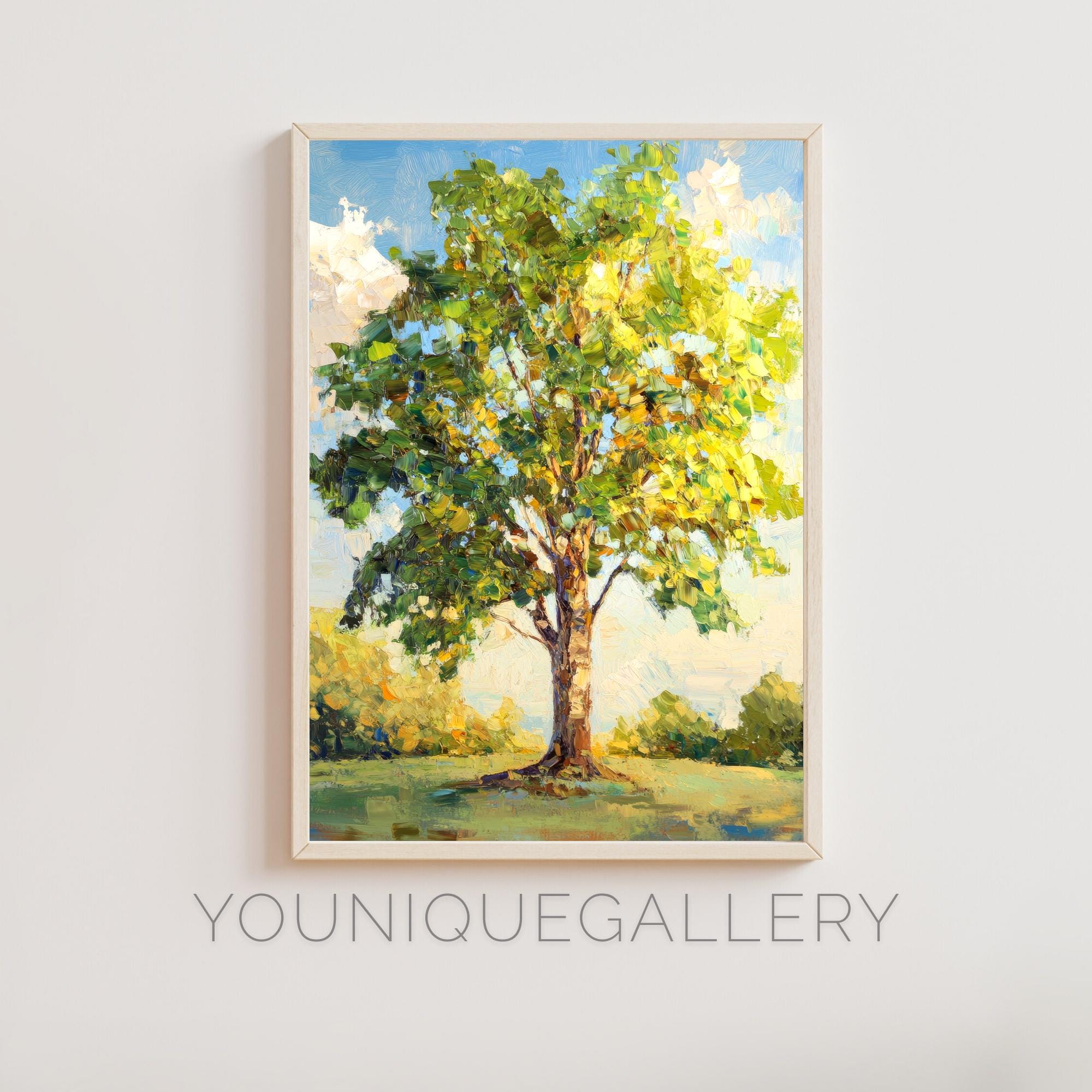 印象派のニレの木の絵画：緑の自然アート（デジタルダウンロード