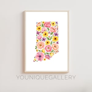 Carte florale de l'Indiana, art mural imprimable, affiche imprimée de l'état de fleurs aquarelle, décoration en téléchargement numérique pour le salon, cadeau sauteur de chambre à coucher